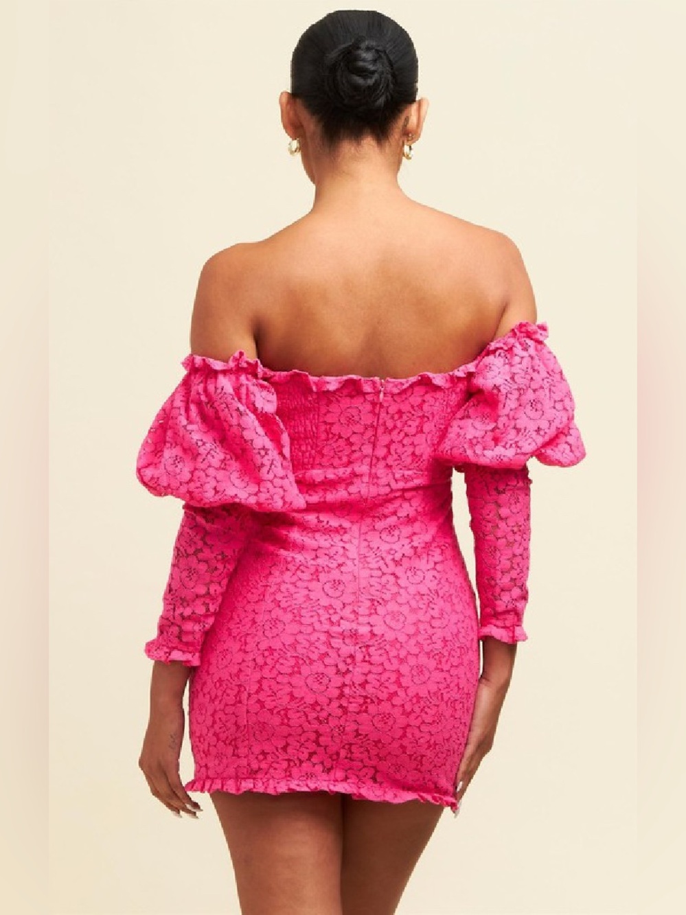 Luxxel Hot Pink Lace Off-Shoulder Mini Dress with Puff Sleeves - Picture 3 of 3